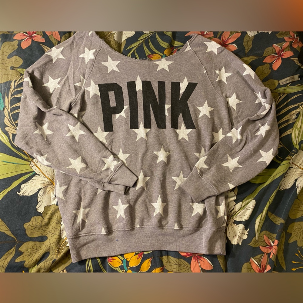 Victoria’s Secret PINK Off Shoulder Grey Sweatshirt with White Stars Sz Small